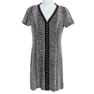 TAHARI snake animal print hook eye front v neck dress size Small c1